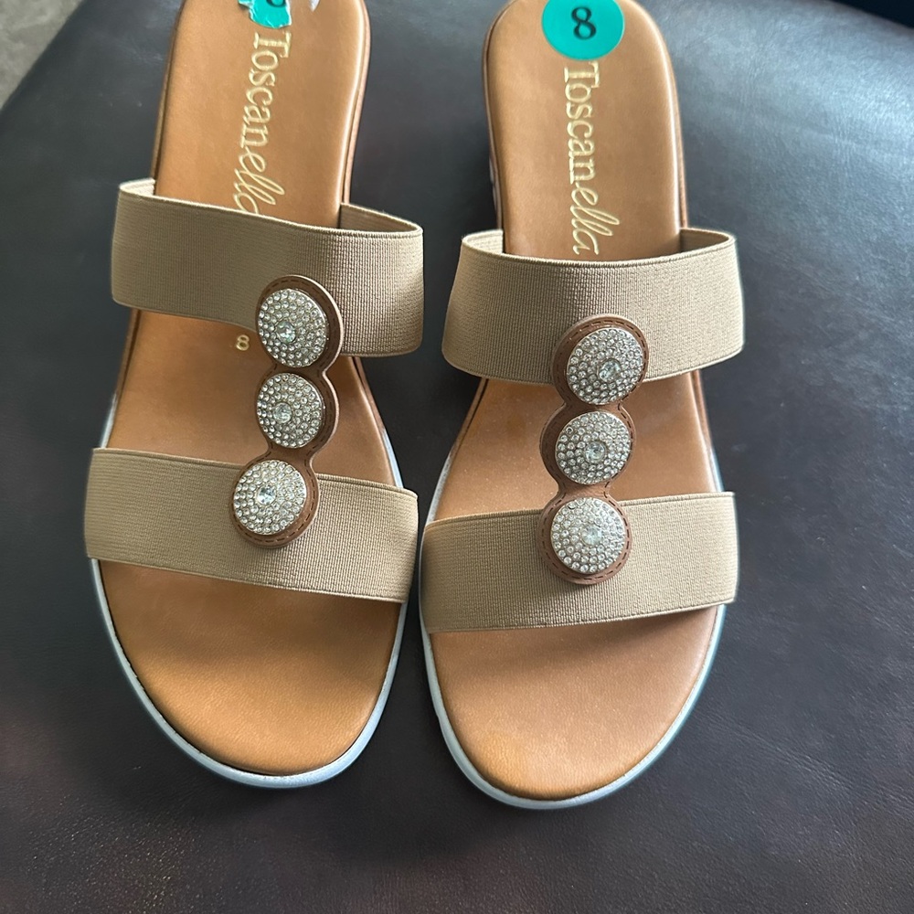 Tan Slip-On Sandals with Metallic Embellishments